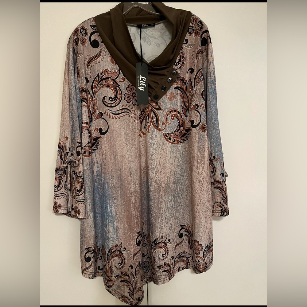 Lily Women's Paisley Cowl Neck Blouse - Brown and Blue